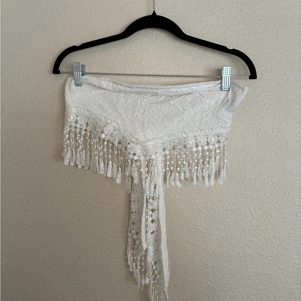 SHEIN White Lace Fringe Tie Top – Size S